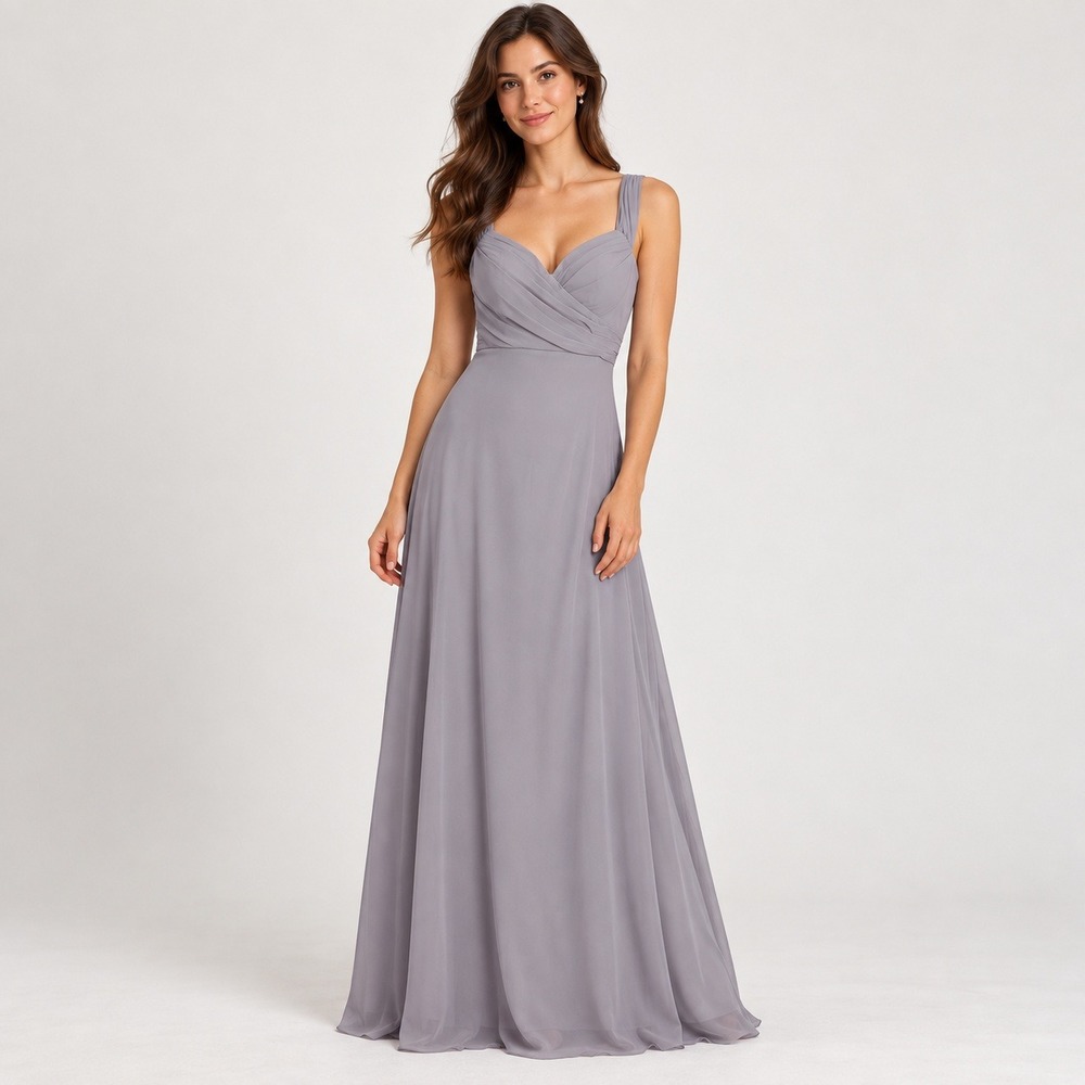 Birdy Grey Spence Maxi Gown Silver Grey Pleated V-Neck Formal Bridal Size Small
